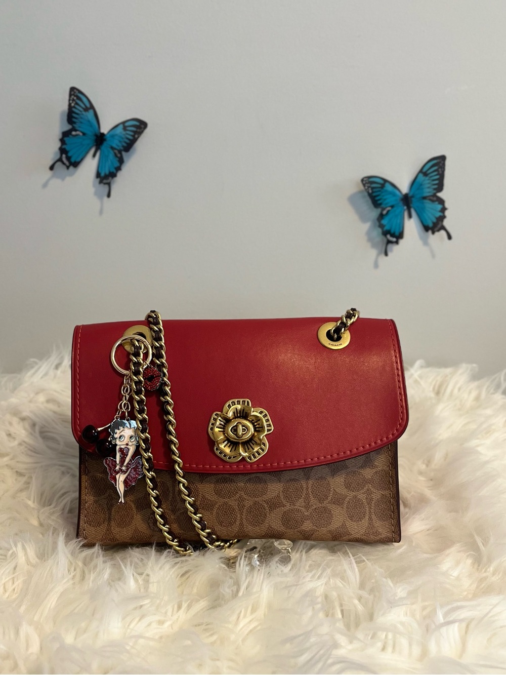 Coach Rare Red Parker Brown Signatyre Tealock Crossbody